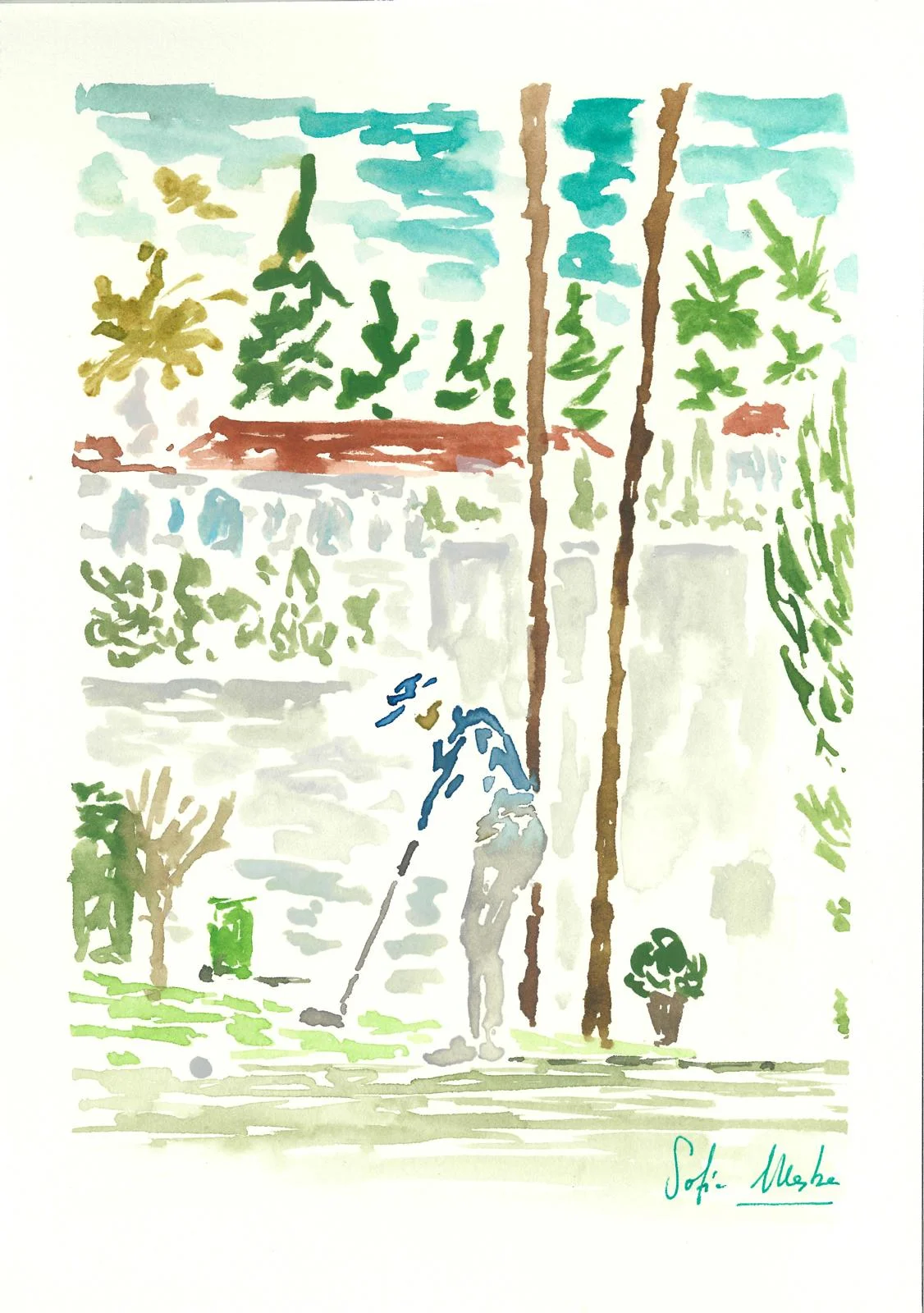 ilustración de paisaje con árboles y banco