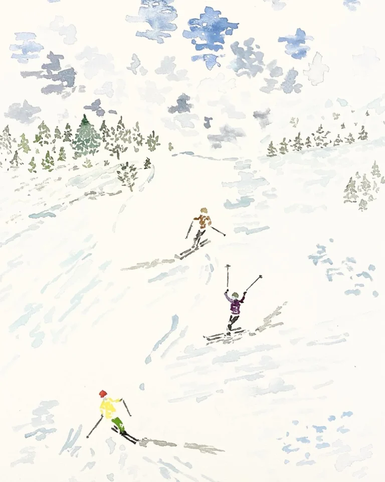 ilustración de paisaje nevado con figuras pequeñas